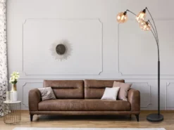 Große LED Stehleuchte mit 3 Glas Lampenschirmen amberfarbig, H: 200cm