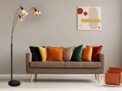 Große LED Stehleuchte mit 3 Glas Lampenschirmen amberfarbig, H: 200cm