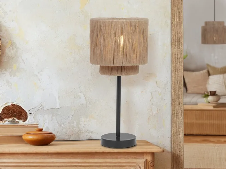 Große LED Tischleuchte aus Jute Natur im Boho Stil, Höhe 45cm