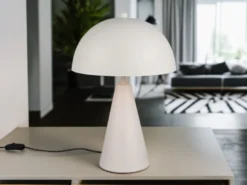 Große LED Tischleuchte in Pilzform aus Metall Hellgrau, Höhe 43cm