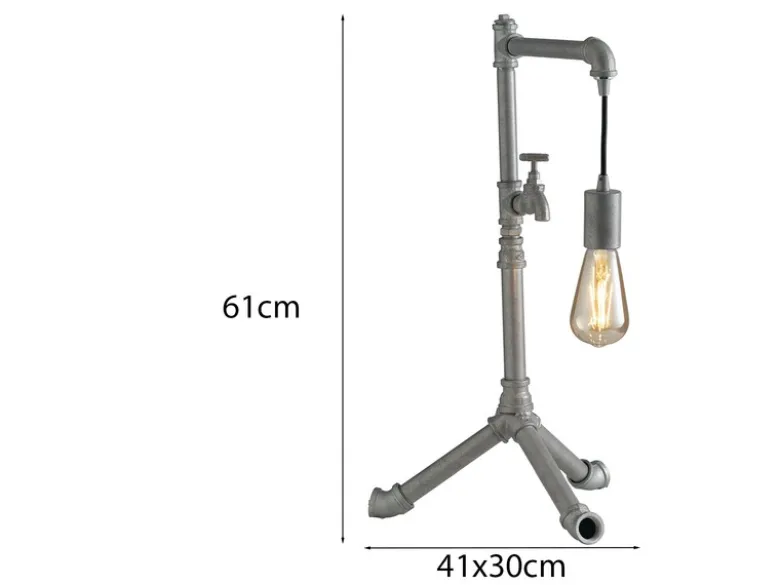Große LED Tischleuchte in Wasserrohr Optik, Grau antik, Höhe 61cm