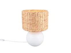 Große LED Tischleuchte Keramikfuß Weiß mit Seegras Lampenschirm, Höhe 40cm