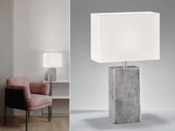 Große LED Tischleuchte Metall Silber Antik, Stoffschirm Weiß, Höhe 50cm