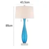 Große LED Tischleuchte mit blauem Glasfuß und Stoffschirm in Weiß, Höhe 85cm