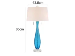 Große LED Tischleuchte mit blauem Glasfuß und Stoffschirm in Weiß, Höhe 85cm