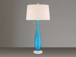 Große LED Tischleuchte mit blauem Glasfuß und Stoffschirm in Weiß, Höhe 85cm