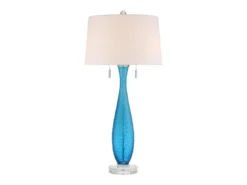 Große LED Tischleuchte mit blauem Glasfuß und Stoffschirm in Weiß, Höhe 85cm