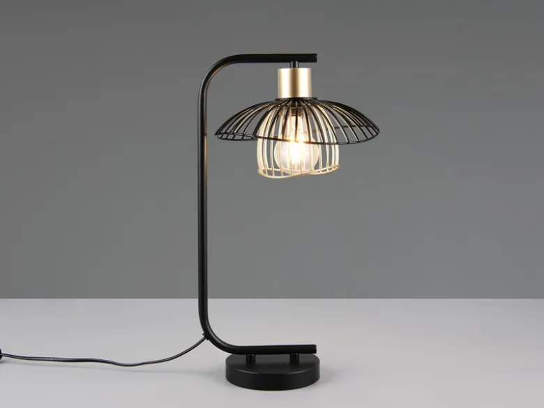 Große LED Tischleuchte mit Gitter Lampenschirm Schwarz Gold, Höhe 44cm