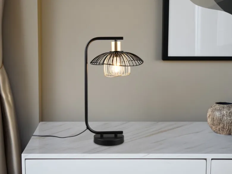 Große LED Tischleuchte mit Gitter Lampenschirm Schwarz Gold, Höhe 44cm