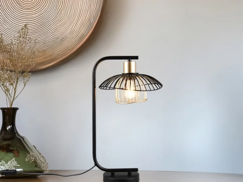 Große LED Tischleuchte mit Gitter Lampenschirm Schwarz Gold, Höhe 44cm