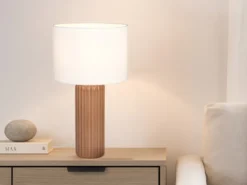 Große LED Tischleuchte mit Keramikfuß Mocca & Stoffschirm Beige, Höhe 51cm