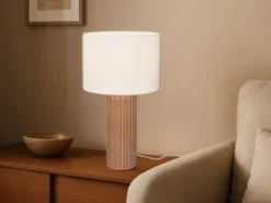 Große LED Tischleuchte mit Keramikfuß Mocca & Stoffschirm Beige, Höhe 51cm