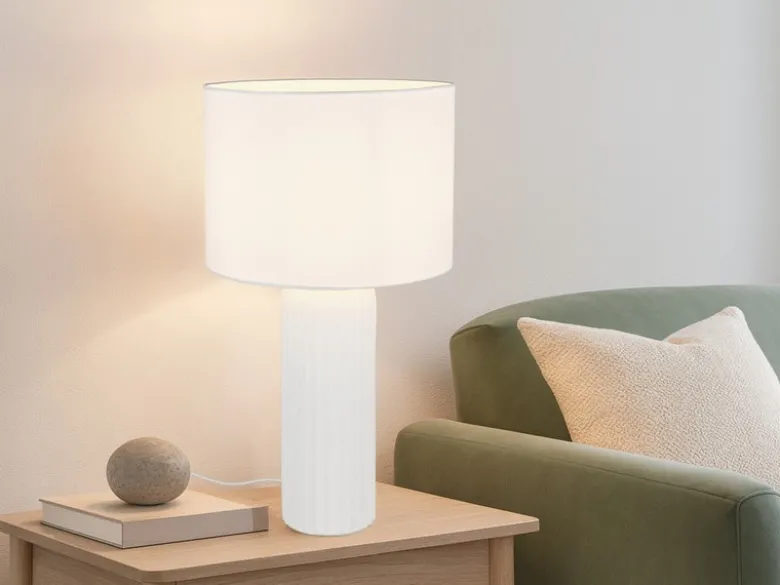 Große LED Tischleuchte mit Keramikfuß & Stoffschirm Weiß, Höhe 51cm