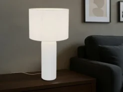 Große LED Tischleuchte mit Keramikfuß & Stoffschirm Weiß, Höhe 51cm
