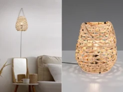 Große LED Tischleuchte mit Lampenschirm aus Wasserhyazinthe, Höhe 55cm