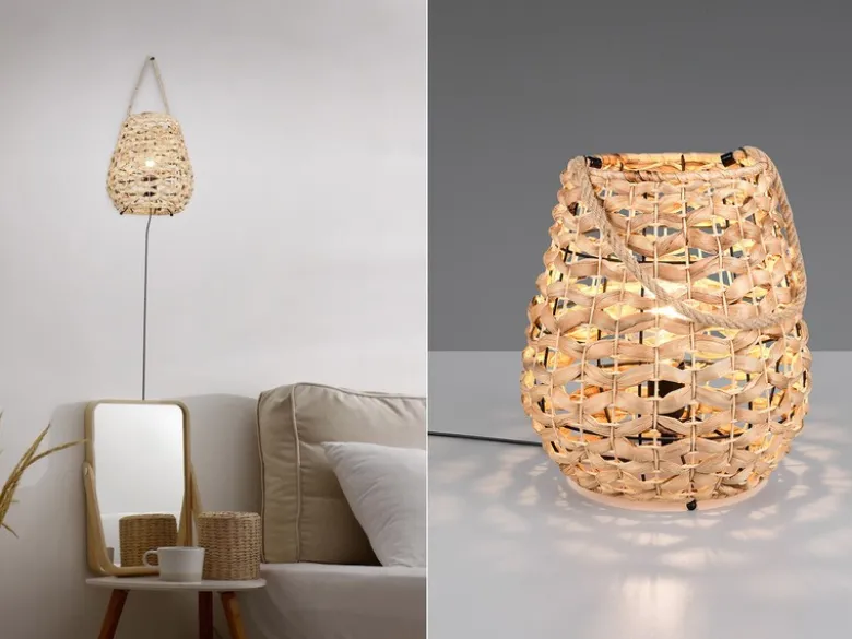 Große LED Tischleuchte mit Lampenschirm aus Wasserhyazinthe, Höhe 55cm