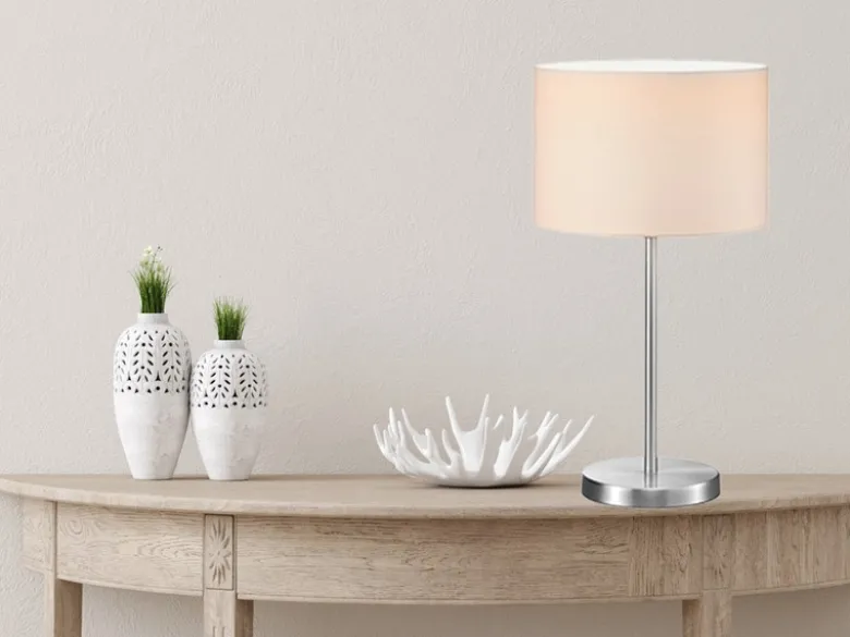 Große LED Tischleuchte Silber mit Stoffschirm weiß, Höhe 55cm