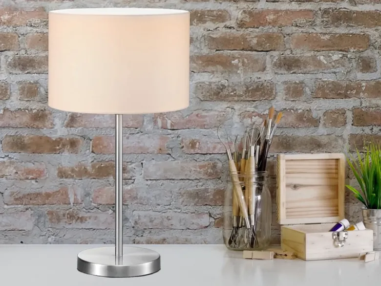Große LED Tischleuchte Silber mit Stoffschirm weiß, Höhe 55cm