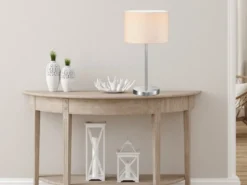 Große LED Tischleuchte Silber mit Stoffschirm weiß, Höhe 55cm