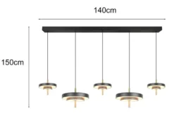 Große moderne LED Pendelleuchte KEATON 5-flammig, Schwarz Gold, Breite 140cm