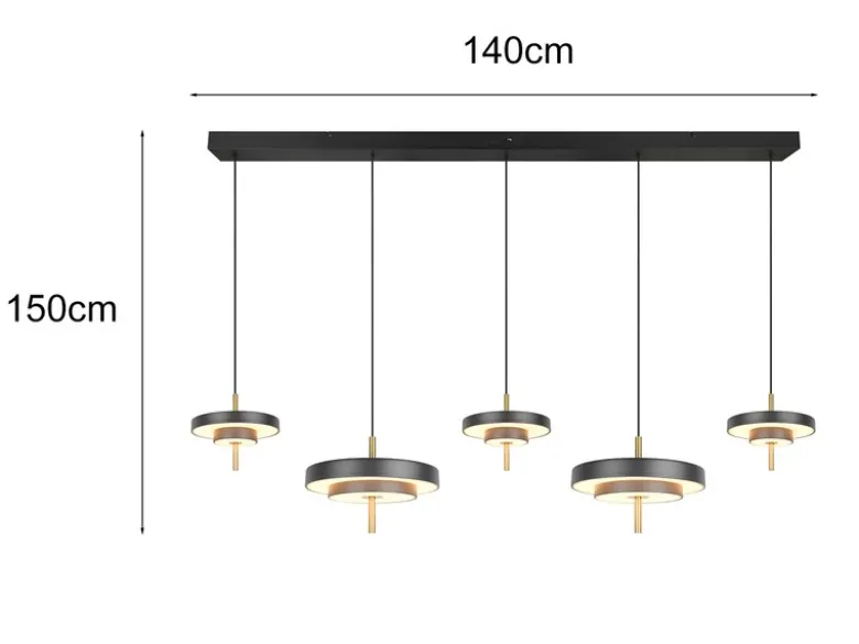 Große moderne LED Pendelleuchte KEATON 5-flammig, Schwarz Gold, Breite 140cm