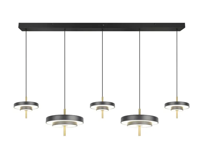 Große moderne LED Pendelleuchte KEATON 5-flammig, Schwarz Gold, Breite 140cm