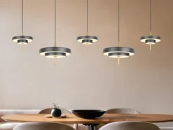 Große moderne LED Pendelleuchte KEATON 5-flammig, Schwarz Gold, Breite 140cm