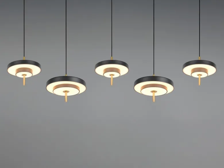 Große moderne LED Pendelleuchte KEATON 5-flammig, Schwarz Gold, Breite 140cm
