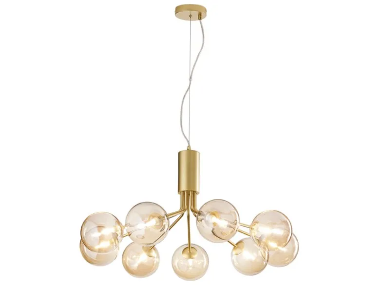 Große Pendelleuchte HONEY 9-flammig Gold-Glaskugeln Bernsteinfarbig, Ø 83cm