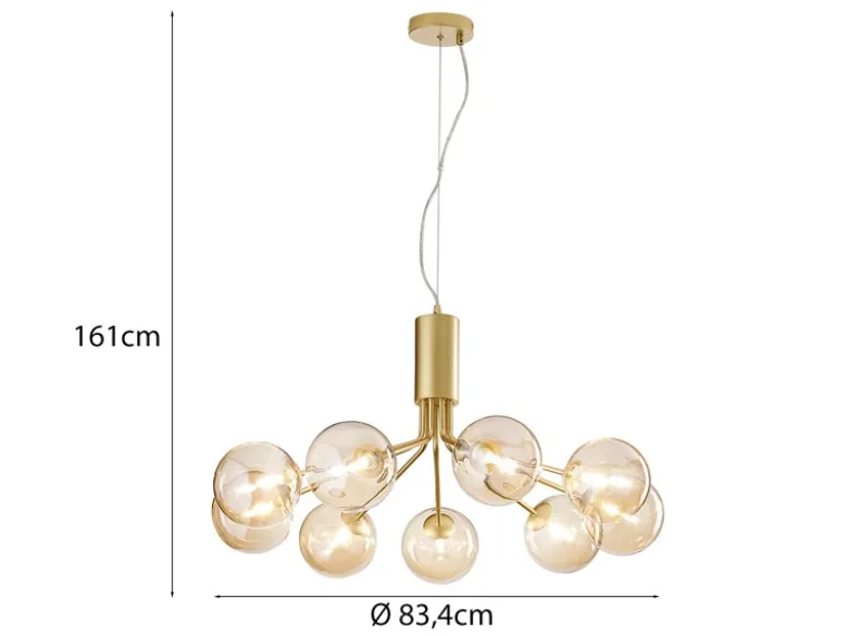 Große Pendelleuchte HONEY 9-flammig Gold-Glaskugeln Bernsteinfarbig, Ø 83cm