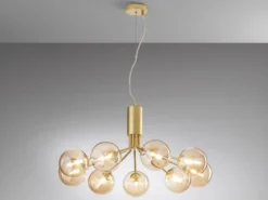 Große Pendelleuchte HONEY 9-flammig Gold-Glaskugeln Bernsteinfarbig, Ø 83cm