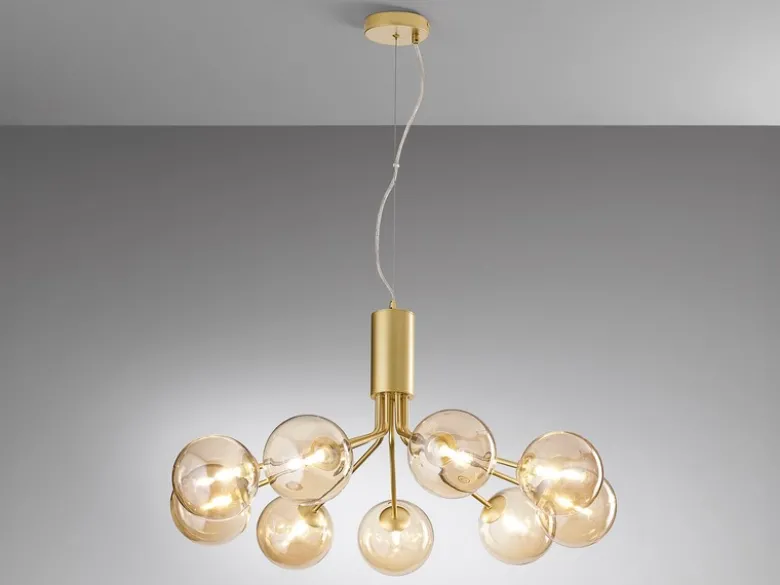 Große Pendelleuchte HONEY 9-flammig Gold-Glaskugeln Bernsteinfarbig, Ø 83cm