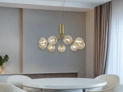 Große Pendelleuchte HONEY 9-flammig Gold-Glaskugeln Bernsteinfarbig, Ø 83cm