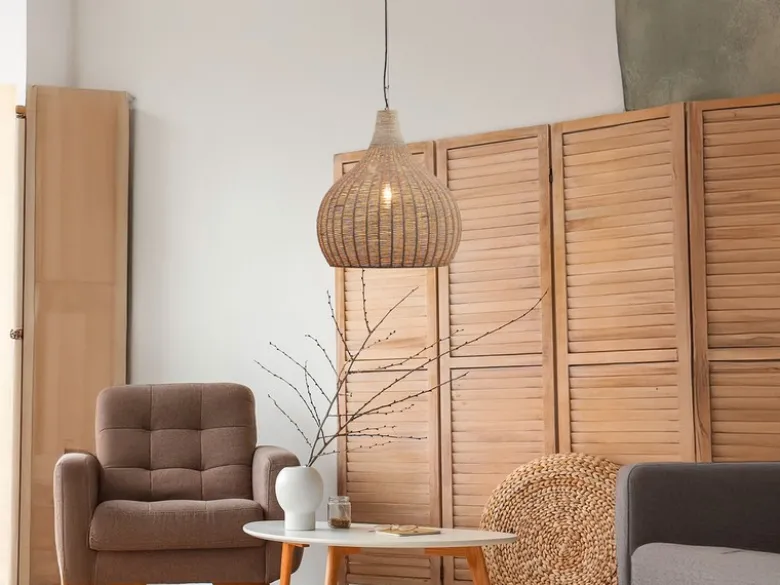 Große Pendelleuchte JANNE 1-flammig mit Lampenschirm aus Jute, Ø 54cm