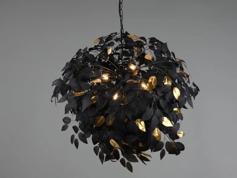 Große Pendelleuchte LEAVY mit Blätter Lampenschirm Schwarz Gold, Ø 70cm