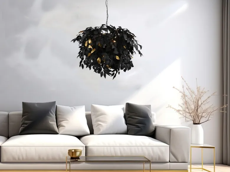Große Pendelleuchte LEAVY mit Blätter Lampenschirm Schwarz Gold, Ø 70cm
