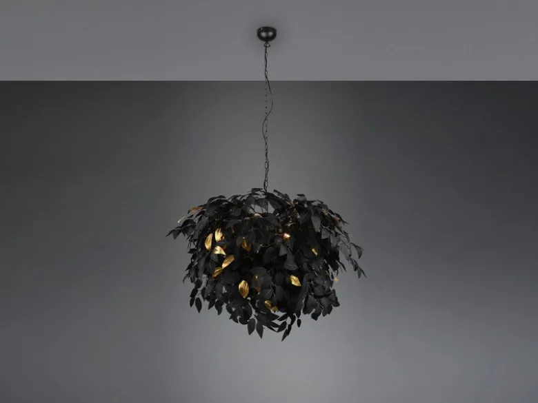 Große Pendelleuchte LEAVY mit Blätter Lampenschirm Schwarz Gold, Ø 70cm