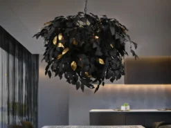 Große Pendelleuchte LEAVY mit Blätter Lampenschirm Schwarz Gold, Ø 70cm
