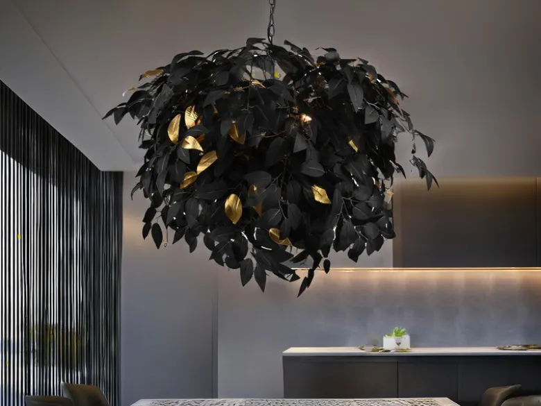Große Pendelleuchte LEAVY mit Blätter Lampenschirm Schwarz Gold, Ø 70cm