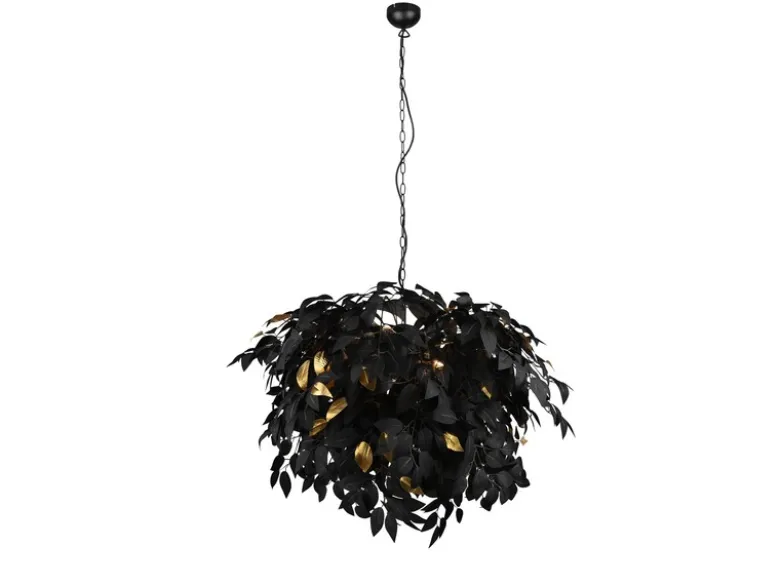 Große Pendelleuchte LEAVY mit Blätter Lampenschirm Schwarz Gold, Ø 70cm