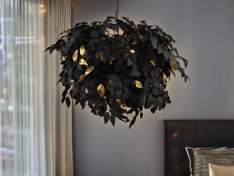 Große Pendelleuchte LEAVY mit Blätter Lampenschirm Schwarz Gold, Ø 70cm