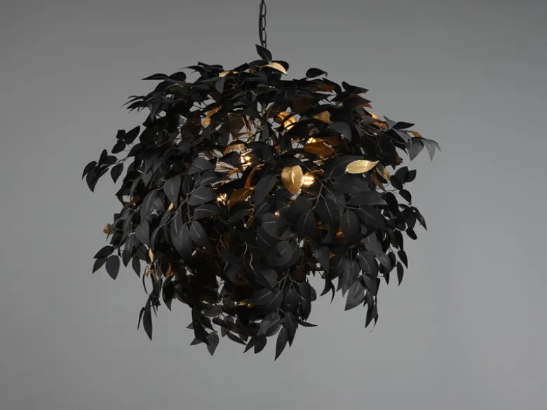 Große Pendelleuchte LEAVY mit Blätter Lampenschirm Schwarz Gold, Ø 70cm