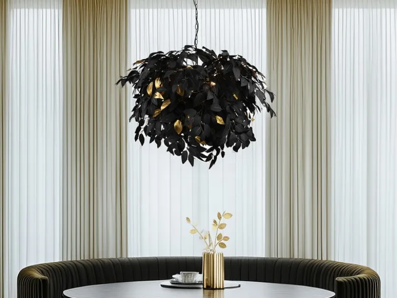 Große Pendelleuchte LEAVY mit Blätter Lampenschirm Schwarz Gold, Ø 70cm