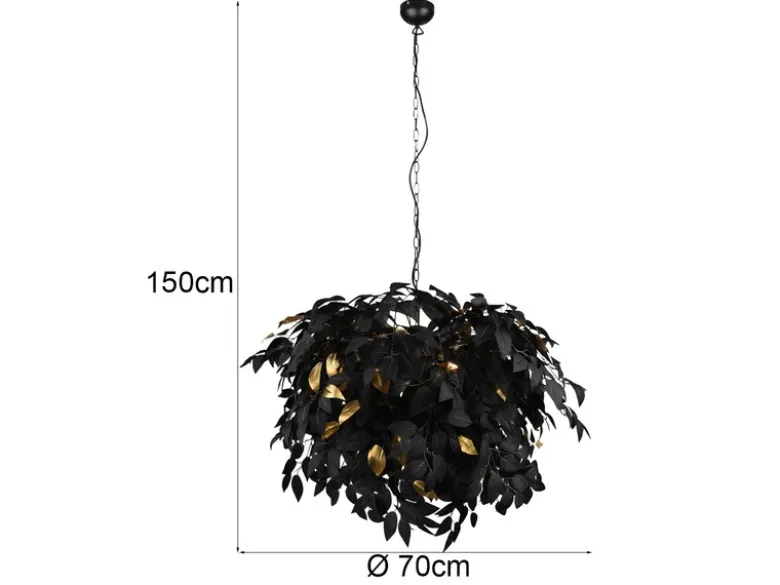 Große Pendelleuchte LEAVY mit Blätter Lampenschirm Schwarz Gold, Ø 70cm