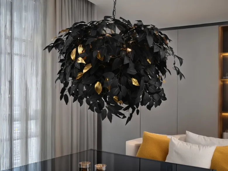 Große Pendelleuchte LEAVY mit Blätter Lampenschirm Schwarz Gold, Ø 70cm