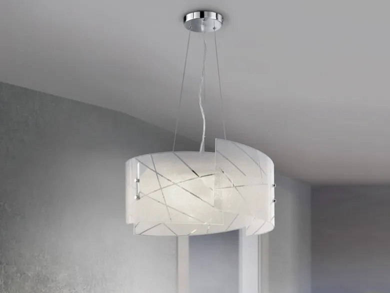 Große Pendelleuchte SANDRINA mit Glas Lampenschirm & Streifendekor, Ø 50cm