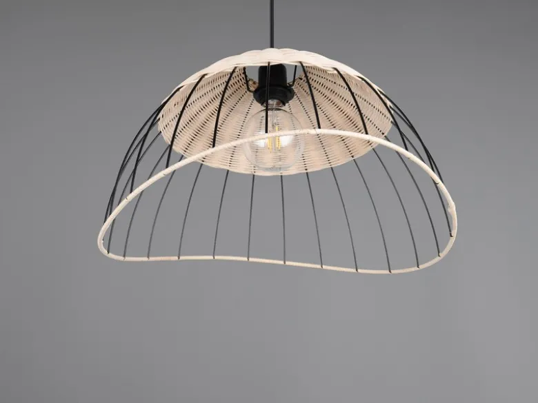 Große Pendelleuchte SANDRINE mit Lampenschirm aus Rattan & Draht, Ø 48cm