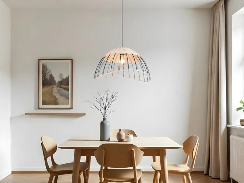 Große Pendelleuchte SANDRINE mit Lampenschirm aus Rattan & Draht, Ø 48cm