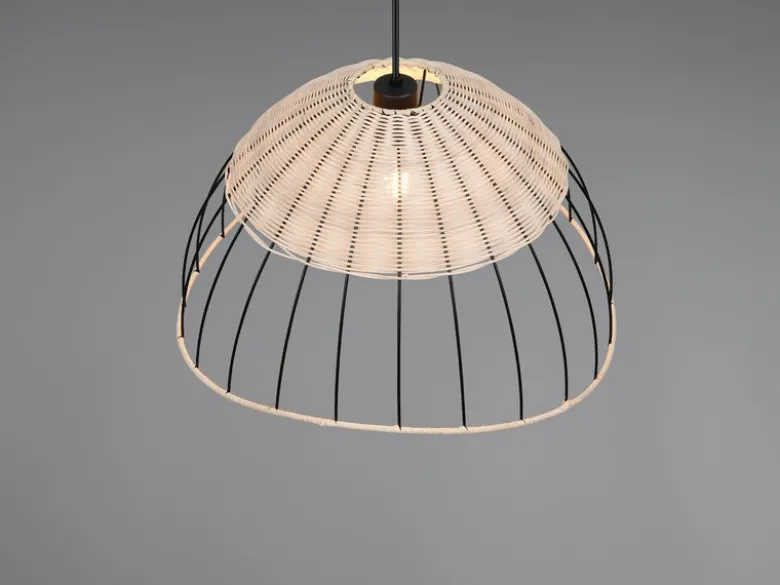 Große Pendelleuchte SANDRINE mit Lampenschirm aus Rattan & Draht, Ø 48cm