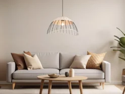 Große Pendelleuchte SANDRINE mit Lampenschirm aus Rattan & Draht, Ø 48cm